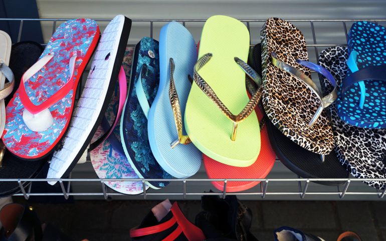 Colorful flip flops beach slippers. Footwearfor summer holidays.