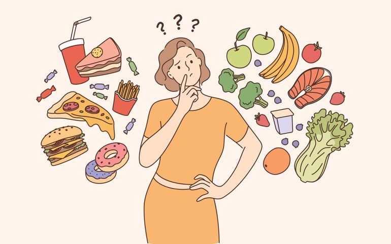 Dieting, healthy lifestyle, weight loss concept. Woman cartoon character standing choosing between healthy and unhealthy food Fastfood vs balanced