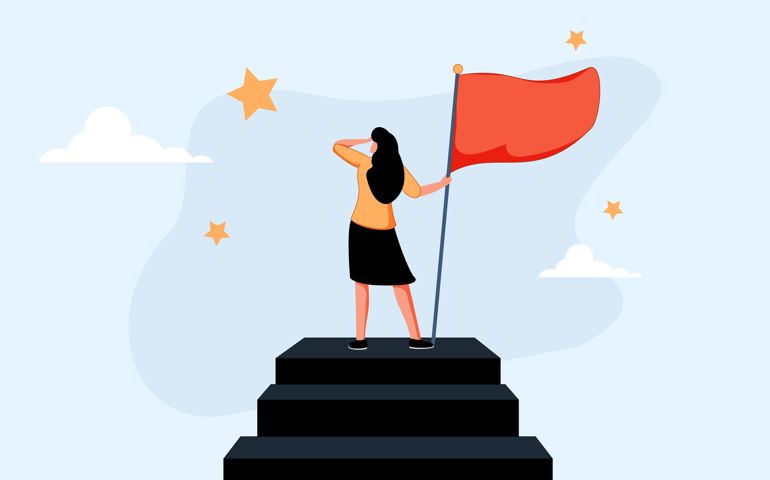 Success female entrepreneur, woman leadership or challenge and achievement concept, success businesswoman on top.
