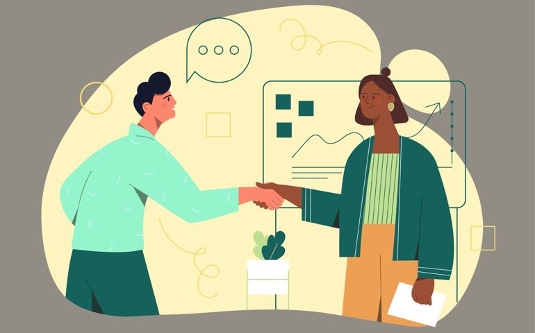 Business activities concept. Man and woman shake hands.