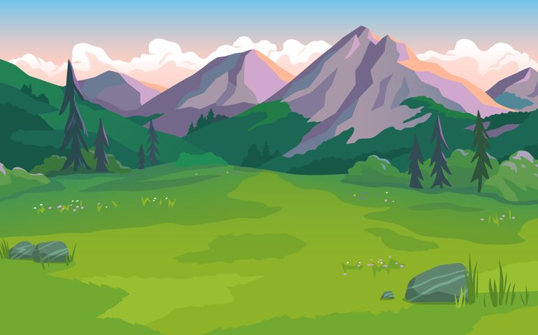 Vector illustration of a beautiful landscape with mountains, green valley, ston