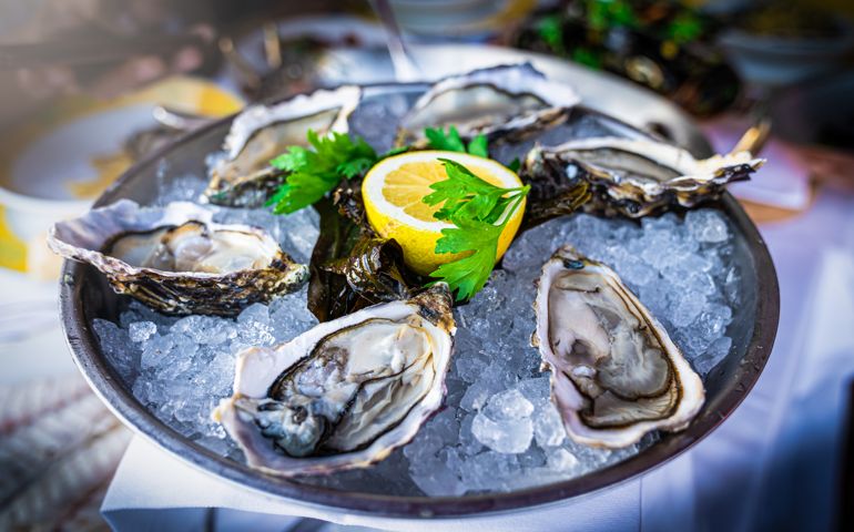 Half dozen fresh oysters are served with lemon in bowl with plenty of ice.