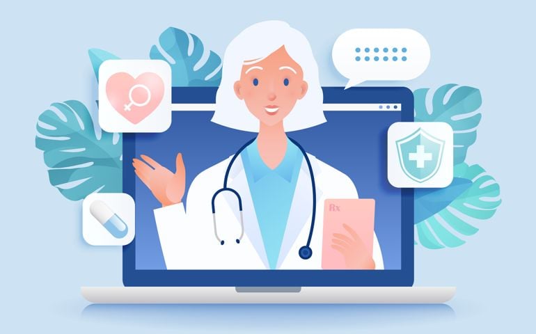 Telemedicine concept vector illustration. Visiting female doctor using online technology through laptop computer.