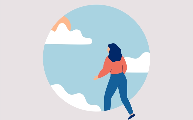 Woman starts a new life. Female doing first step in the future.