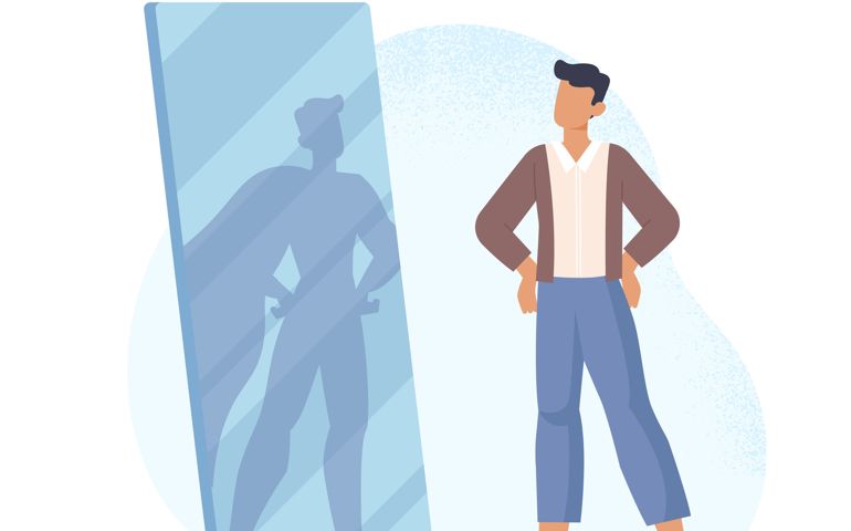 Superhero in reflection abstract concept. Young male entrepreneur looks in mirror and sees strong man in cape.