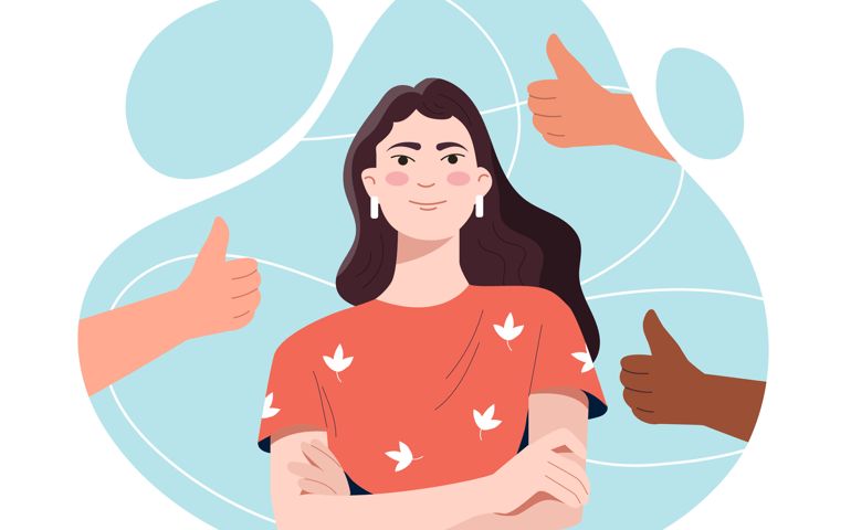 Concept of public approval. Young smiling woman receiving