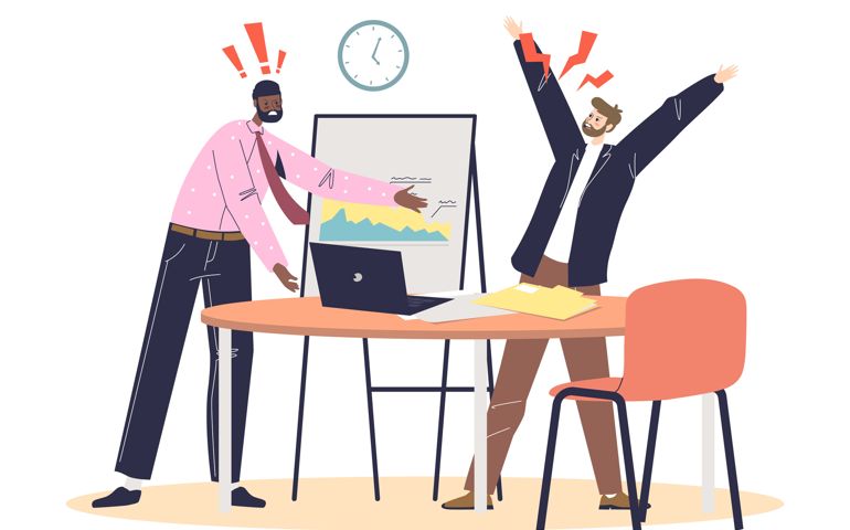 Angry businesspeople shouting during work project discussion.