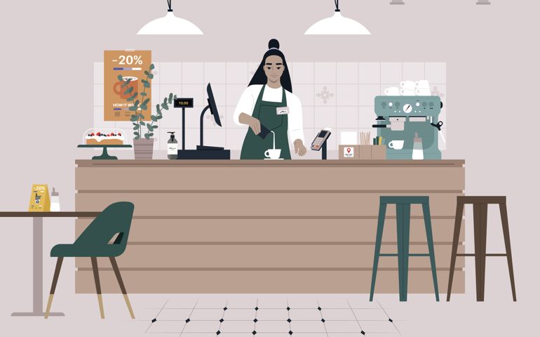 A young female character serving coffee at the coffeeshop counter,