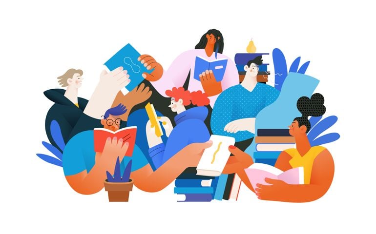 Books graphics -book week events. Modern flat vector concept illustrations of reading people