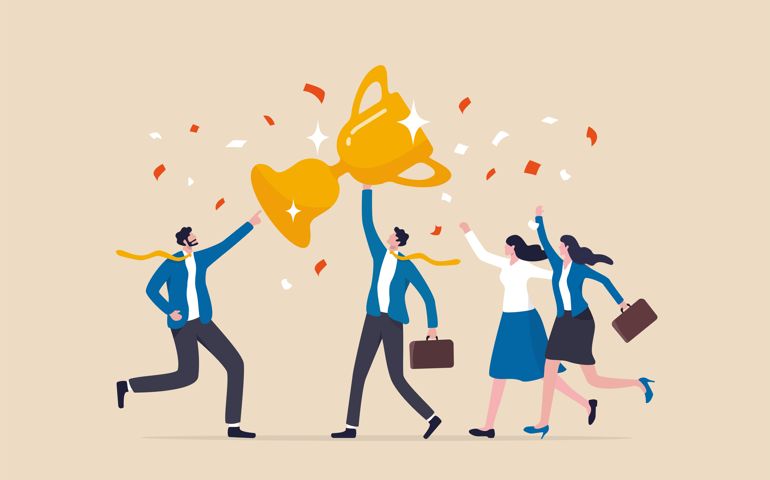 Success work achievement or team victory, winner or leadership, career success or champion celebration, winning