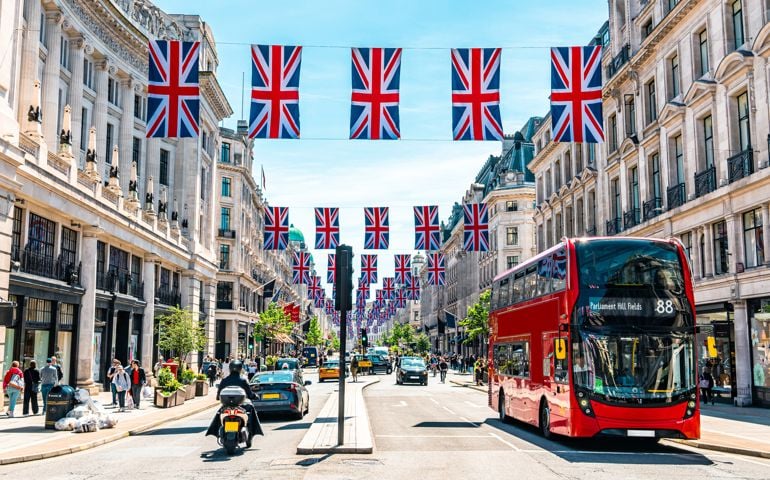 Union Jacks on Oxford Street for the Queen's Platinum Jubilee