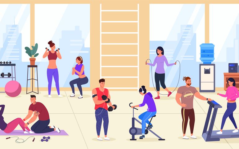Panoramic fitness gym. Weight training group adult people in sport interior, dumbbell exercise physical effort wellbeing workout, cardio worlout, cartoon garish vector illustration