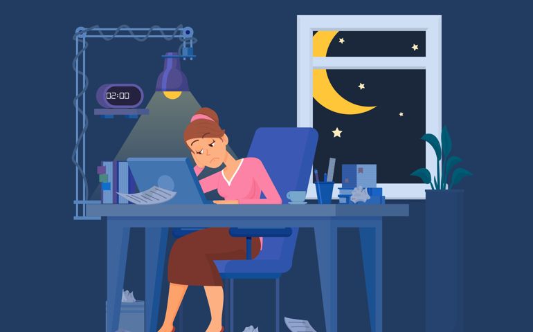 Work late concept. Worker burnout, exhausted businesswoman in office at night.