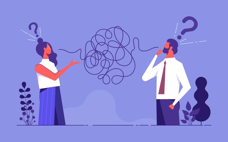 Problems in communication concept, misunderstanding create confusion in work, miscommunicate