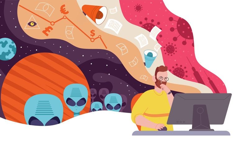 Conspiracy ideas. Concerned man at computer think disinformation false ideas, vaccine covid ufo alien secret community information war bargain contract splendid vector illustration of conspiracy idea