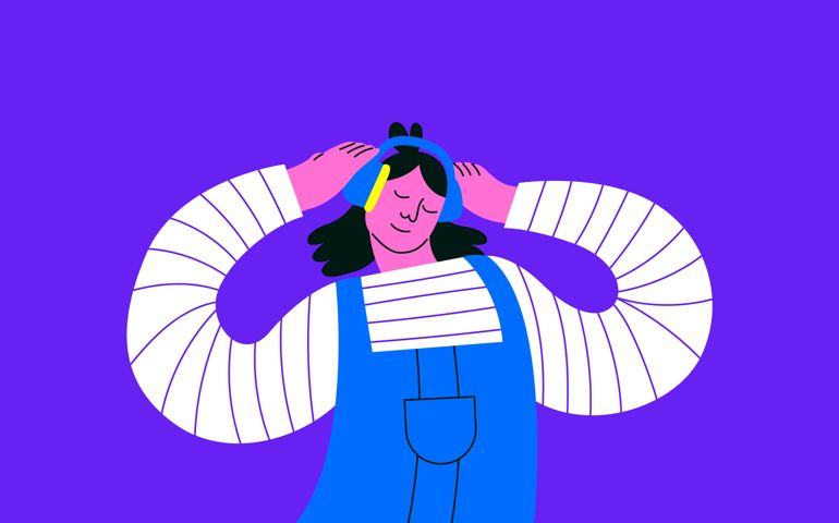 Happy young woman character listening to music headphones on isolated background.