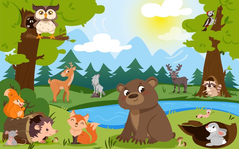 Cartoon forest animals in wild nature. Natural landscape with lake,