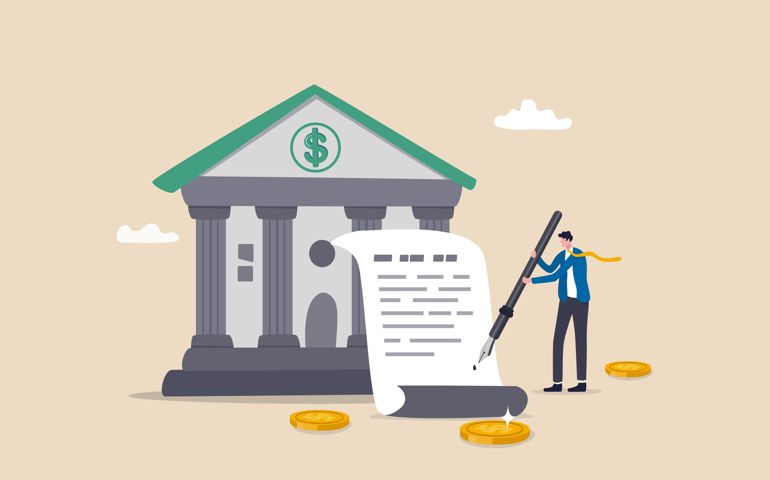 Obligation, debt or bank loan responsible to pay back with interest rate, legal money credit or borrowing document with signature concept,