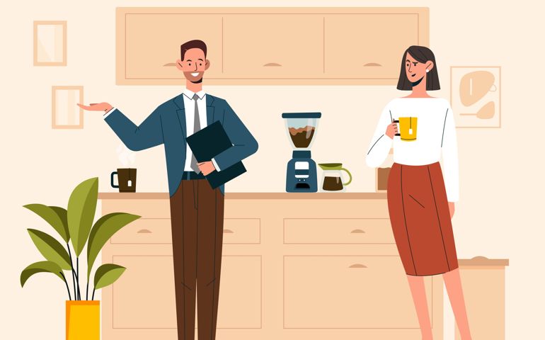 Business coffee concept. Man and woman standing in office in front of coffee machine.