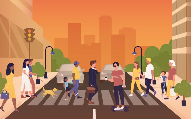 Various people crossing road at crosswalks zebra in modern city at sunset vector