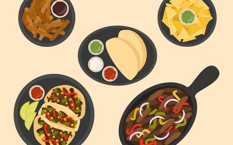 Mexican Traditional Food Plates. Top View Of Beef Fajitas, Tacos, Nachos, And Churros