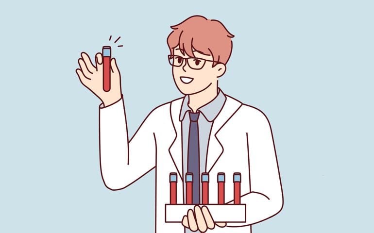 Young man scientist in white coat holds test tubes with blood samples for scientific experiments.