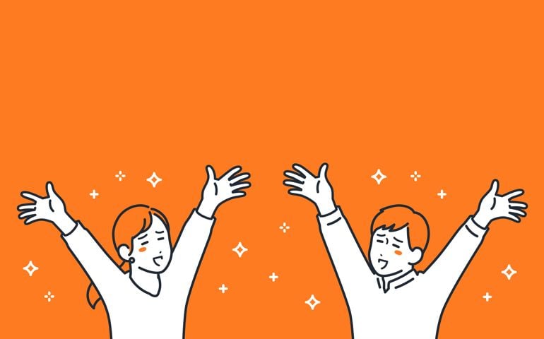 Simple vector illustration material of young men and women who are happy to spread their hands