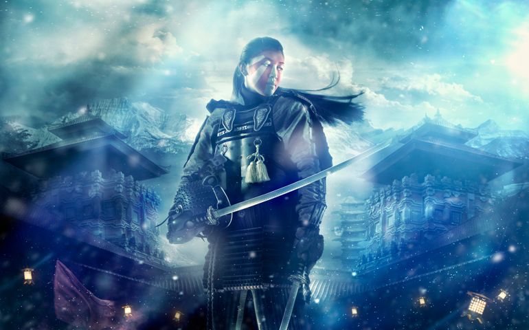 warrior holding swords on foggy battlefield