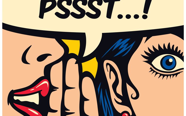 Pop Art style comic book panel gossip girl whispering in ear secrets with speech bubble, rumor, word-of-mouth