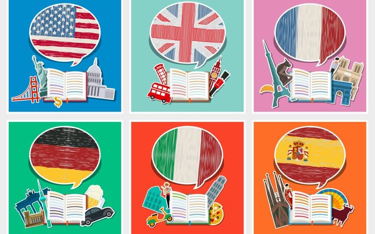 Concept of travel or studying languages. English, German, Spanish, Italian, French.
