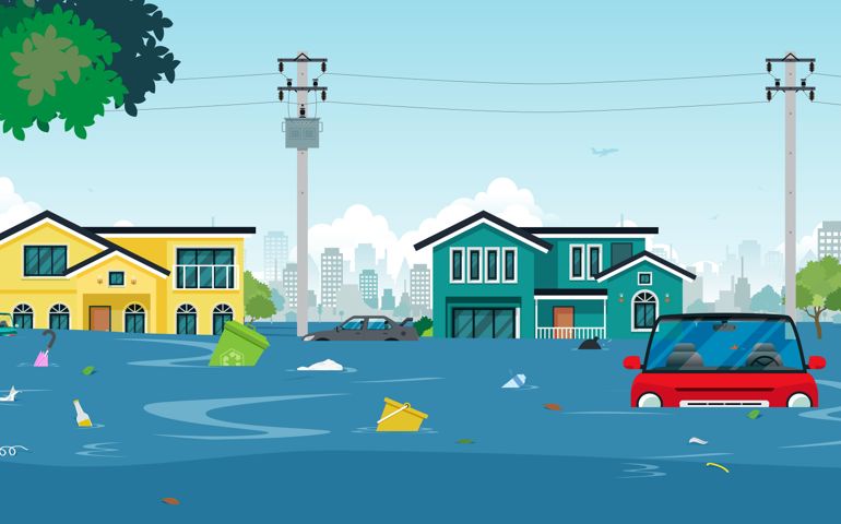 City floods and cars with garbage floating in the water.