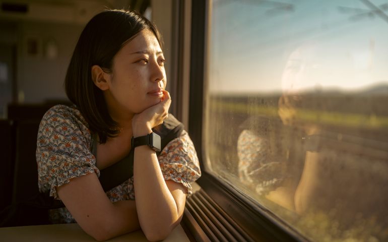 Portrait of young female tourist traveling by train