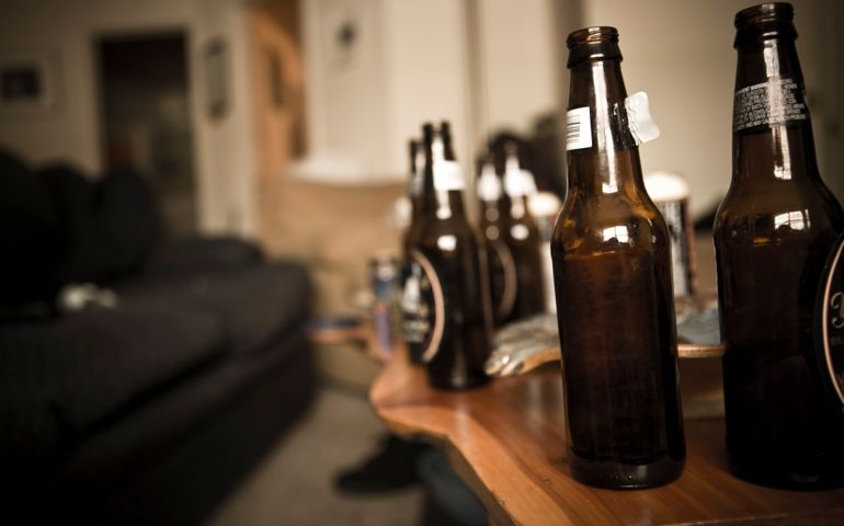empty beer bottles on table
