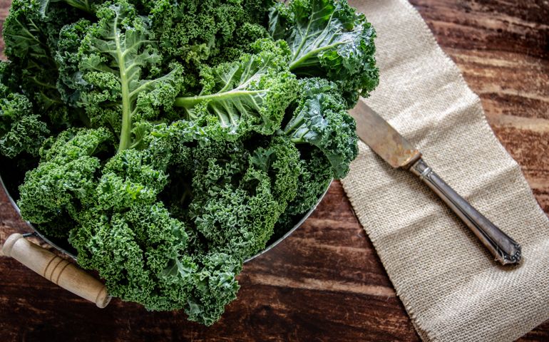 Kale in basket and knife on wooden background top view on daylight superfood vegetables