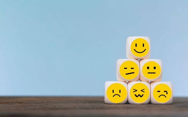 Emoticon icons face on Wooden Cube , Costumer service concept