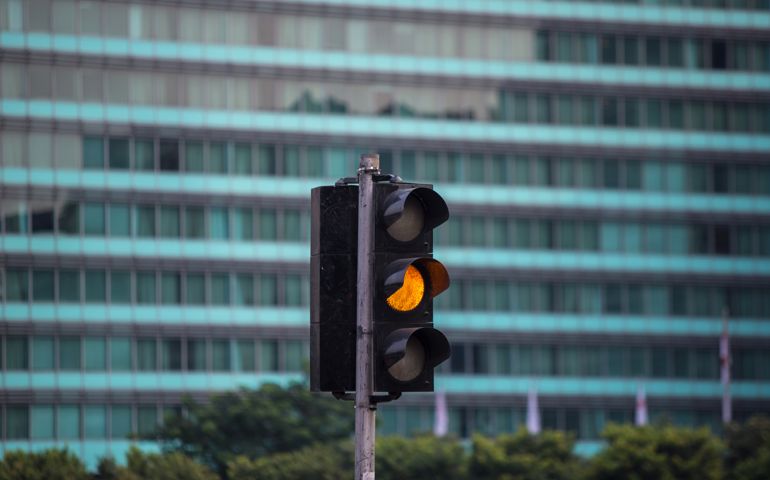 Traffic lights turning yellow