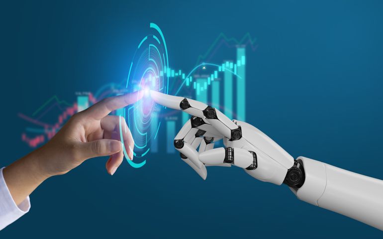 AI, Machine learning, robot hand ai artificial intelligence assistance human touching on big data network connection background, Science artificial intelligence technology, innovation and futuristic.