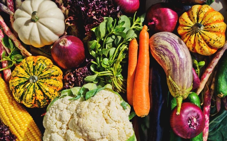 Different vegetables in sunny day. Top view, close-up.