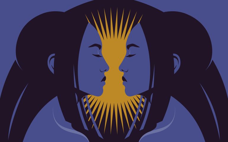 Portraits of two Asian women in profile. Gemini.