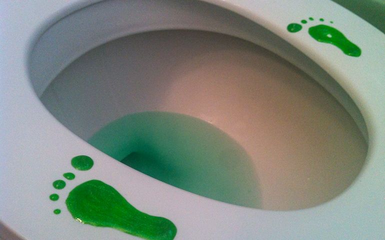 Leprechaun footprints on a toilet.