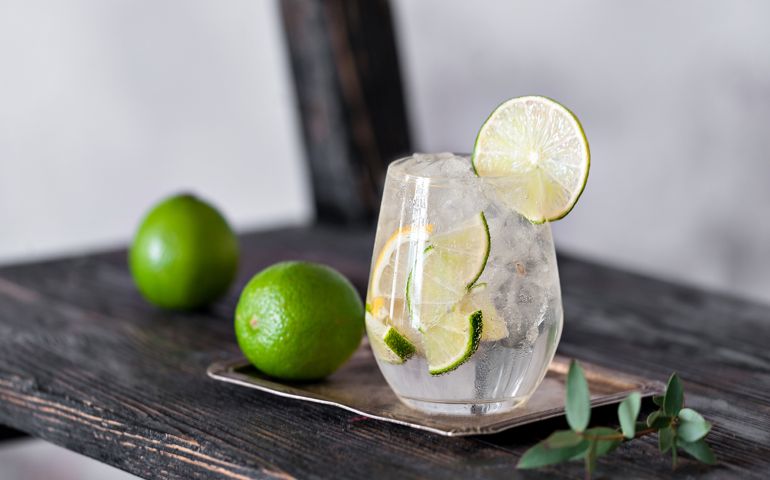 Cold cocktail with lime, lemon, tonic, vodka and ice