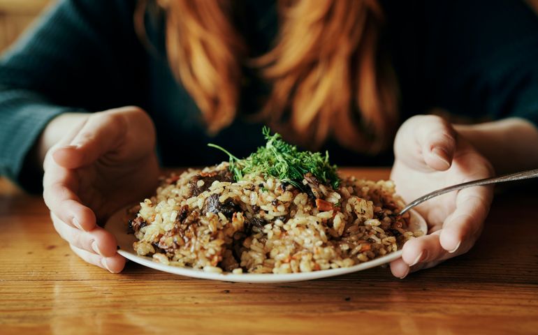 Hands of woman holding a plate of rice