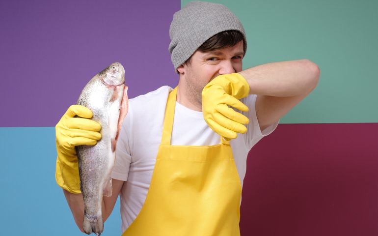 Young caucasian fisher holding a rotten fish isolated on colored background