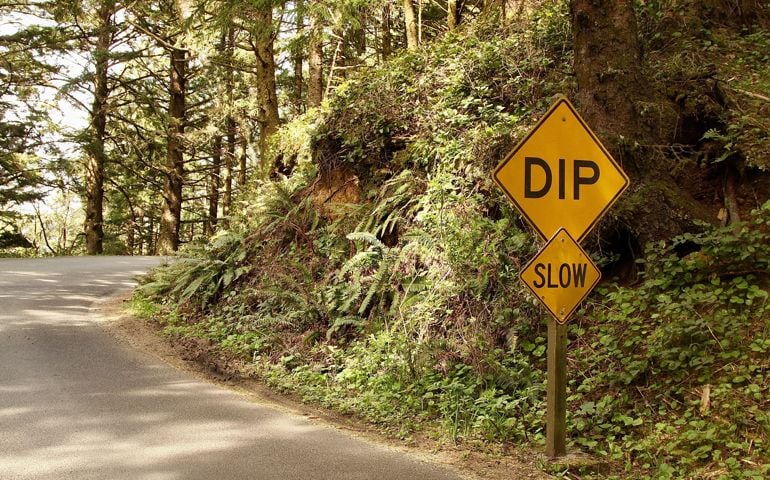 Dip Sign On A Bumpy Forest Road