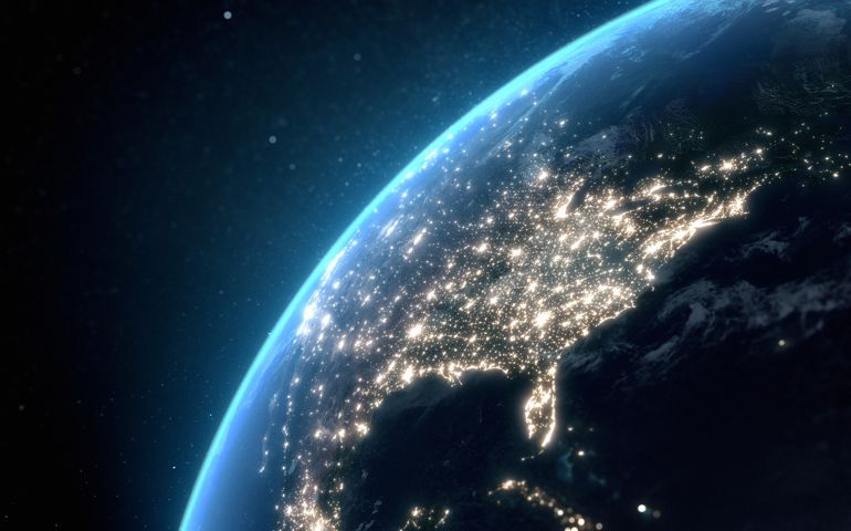 Flying over USA at night with city light illumination. View from space. 3D render