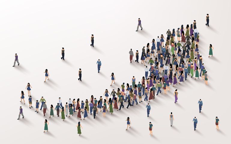 large group of people gathered together as an arrow symbol. People crowd concept. Vector