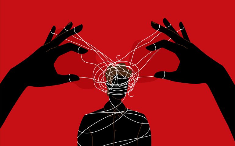 Manipulator concept vector illustration. Puppet master hands manipulate man mind, silhouette. Domination exploitation background. Mental control ropes