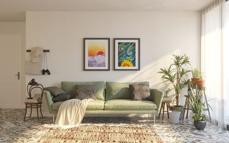 Living room with artworks on the wall