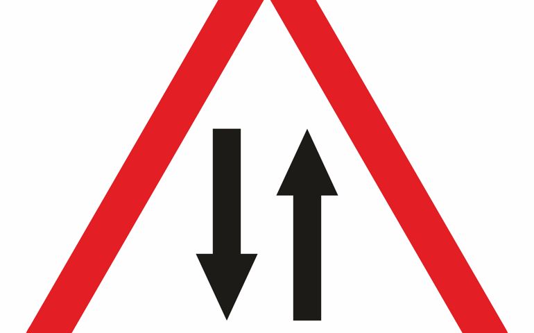 Both way traffic, road sign A9, red triangular frame, eps.