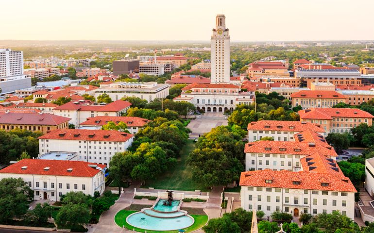 University of Texas (UT) Austin campus at sunset aerial view